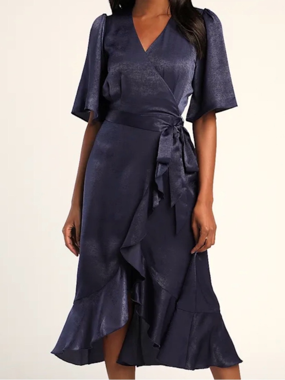 Francesca's Collections Navy Satin Wrap Midi Dress with Ruffle Trim